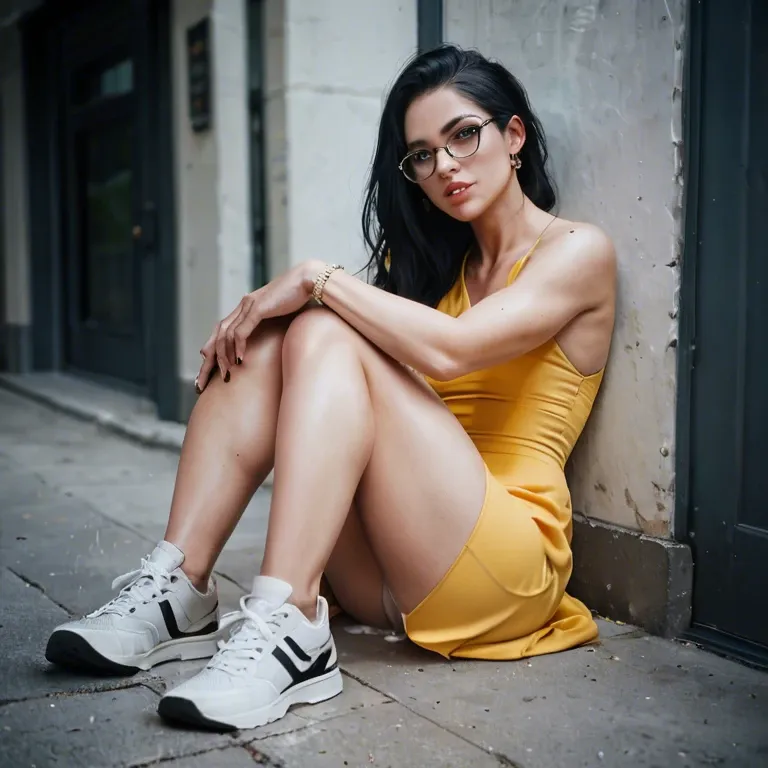 Black hair, glasses, girly yellow dress, sneaker, swallow cum