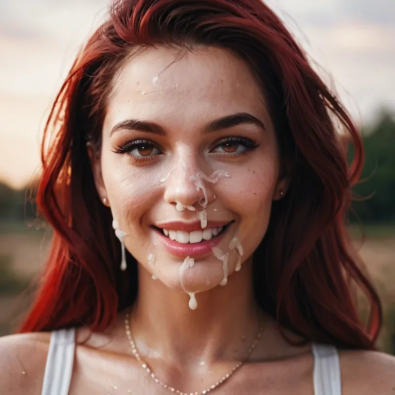 close up of a red headed woman's face. Her mouth is open and filled with cum. She has much more cum on her eyes and in her nose. She looks at the camera with a smile