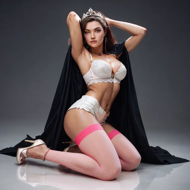 1girl,solo, , , , cheek,arm over head,round boobs,on back,kneeling female, open jacket,pink stockings,cape,white bra,stiletto heels, crop top,anklets,tiara,wet panties,high heels, green shirt,gold anklets,suspender belt,undersized bra,white sneakers, showering, blake, medieval theme, on a bed, throne, zelda, wonder woman, hinata hyuuga