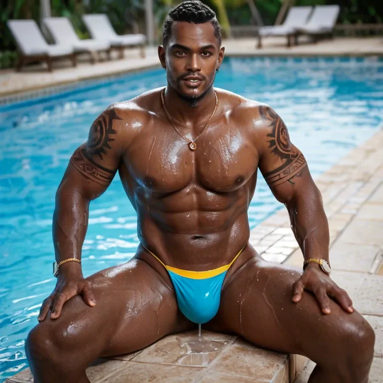 black man, facial, outside, sitting beside pool, dripping wet,  African man, lighting from bottom, holding g-string, stripper g string, legs spread, low rise g-string, tattoos, skimpy g string,  model, skin tight thong, wearing g-string, shiny thong underwear, bulge, thick strap, tattoos, mesh g-string, see through, g-string, covered in cum, woman sitting on lap, woman sitting on mans lap, holding cock on chin