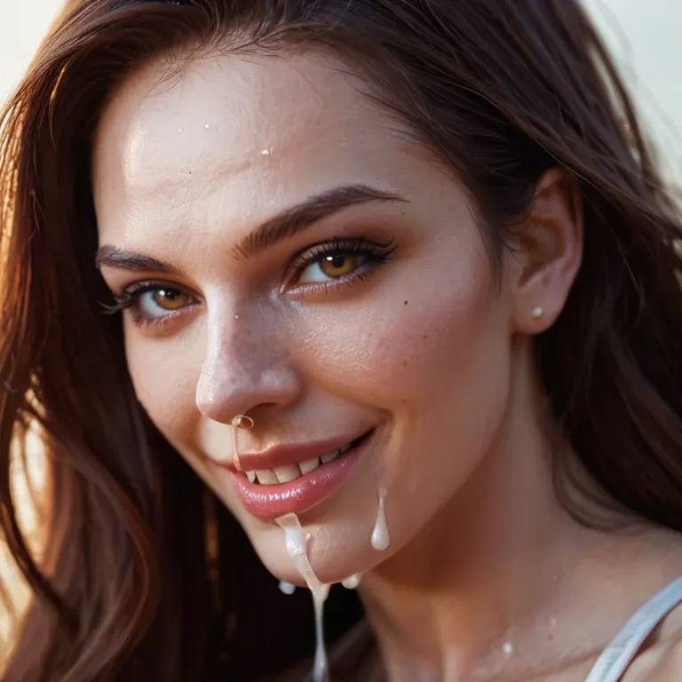 close up of a red headed woman's face. Her mouth is open and filled with cum. She has cum on her eyes and in her nose. She looks at the camera with a smile