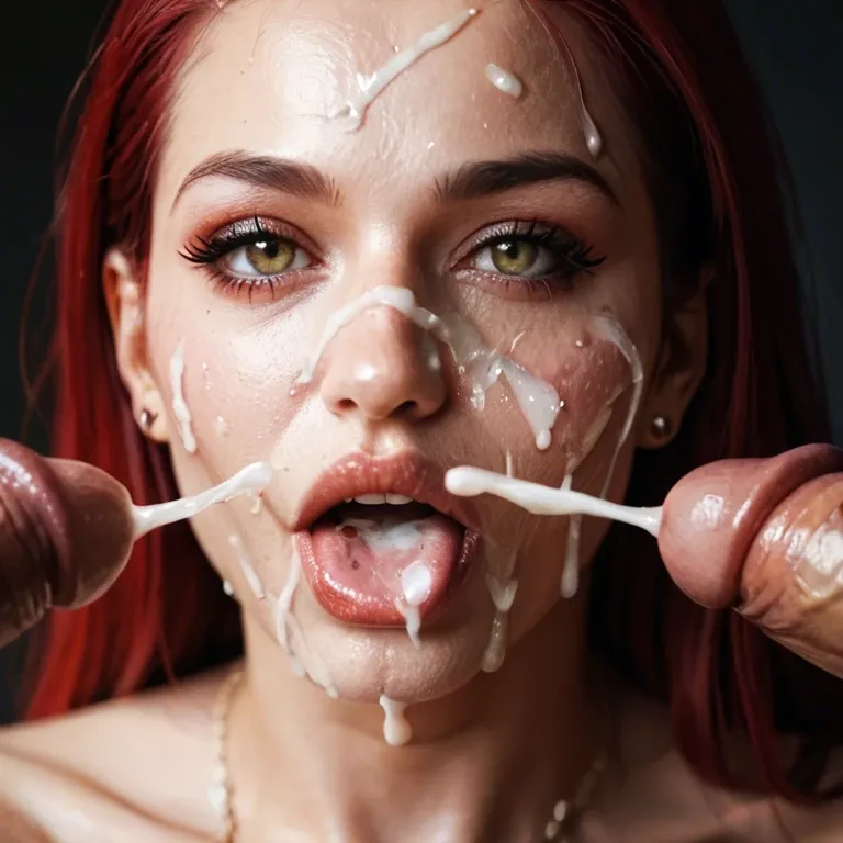 a close up of a gorgeous red headed woman with cum all over her face, bukkake, and a japanese woman is licking her face