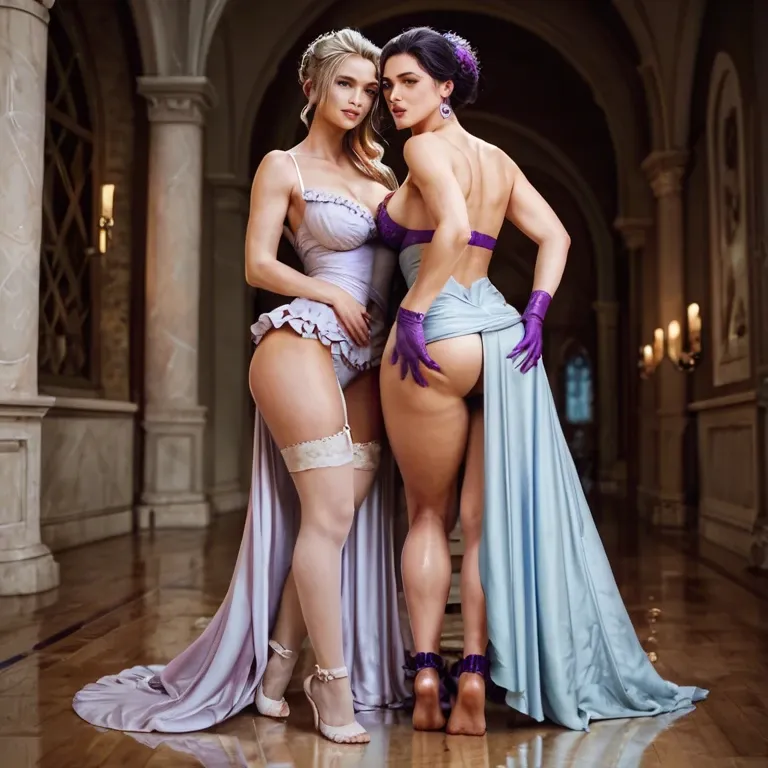 2girl, , , , mouths,hands on ass,areolae,tummy,bare shoulders, cute nose,licking feet,round boobs,large hips,bound ankles, gown,thighhighs,purple gloves,frilled bra,stiletto heels, robe,gold anklets,tied up,black lace bra,stiletto heels, embarrassed, caulfield, medieval tavern, smartwatch, asuka