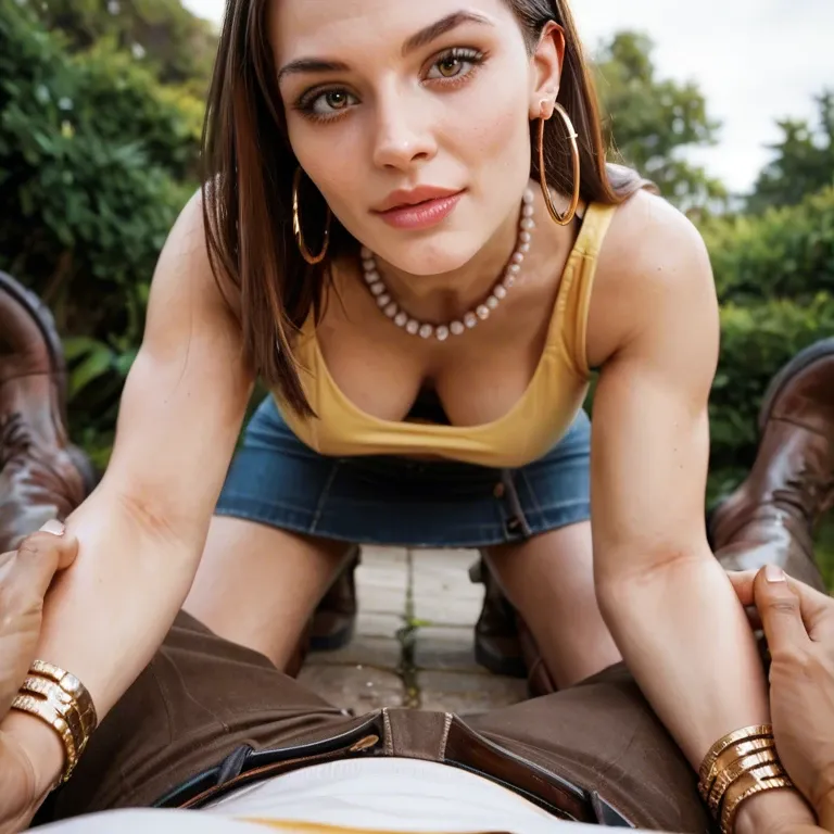 2girl, , , , half-closed eye,man hands pov,areolas,adorable eyes,shoulders, upskirt,gold anklets,hoop earrings,bra,brown boots, yellow tank top,lace trim,pearl necklace,wet bra,stiletto heels, sit on a couch, castle exterior, big ring gag, girl lara croft, dynamics