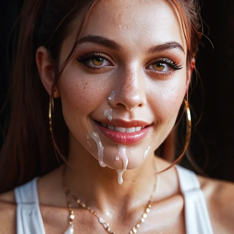 close up of a red headed woman's face. Her mouth is open and filled with cum. She has much more cum on her eyes and in her nose. She looks at the camera with a smile