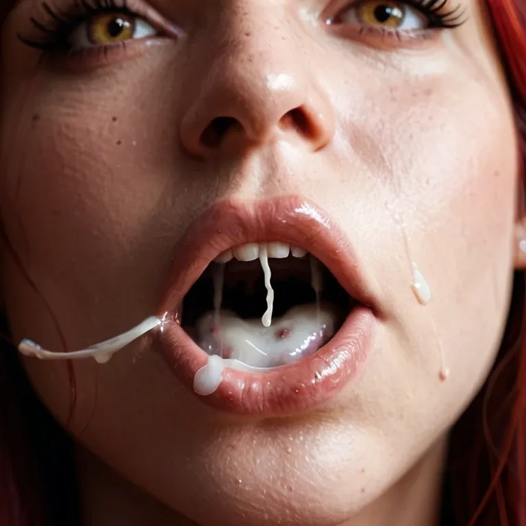 close up of a red headed woman's face. Her mouth is open and filled with cum. She looks at the camera