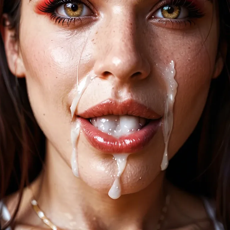 close up of a red headed woman's face. Her mouth is open and filled with cum. Her face is covered in cum. She looks at the camera with a smile