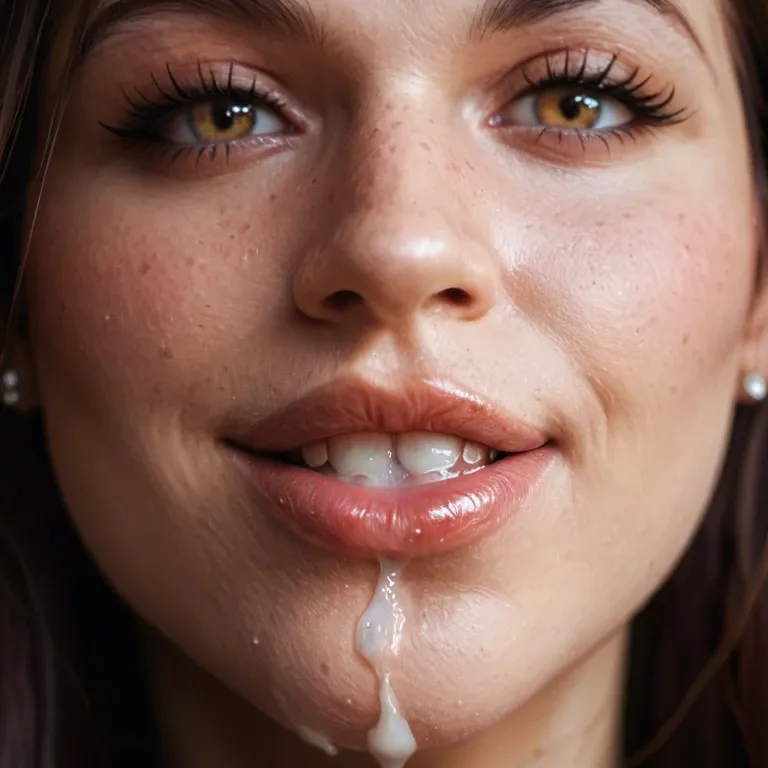 close up of a red headed woman's face. Her mouth is open and filled with cum. She has much more cum on her eyes and in her nose. She looks at the camera with a smile