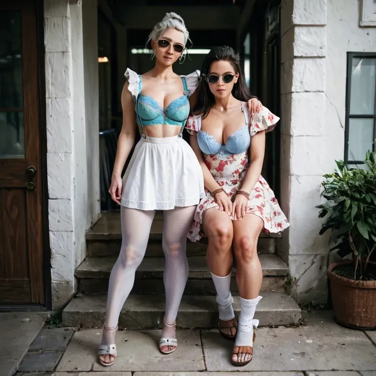 2girl, , , , cheek press,bound ankles,areolas,wide hips,shoulder pads, floral dress,socks,sunglasses,frilled bra,sandals, no skirt,white pantyhose,suspenders,blue bra,white boots, plain t-shirt,laced bodysuit,gloves,lace bra,platform heels, club setting, in a garden, illustration, bright light, tifa lockhart, rapunzel, dynamic