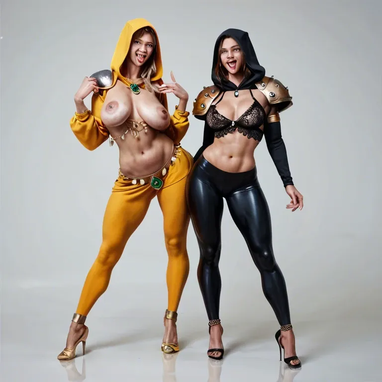 2girl, , , , tongue out,shiny hair,saggy breasts,belly dancer,skin tight, spread cheeks,tiptoe,areola,flat tummy,shoulder pads, hoodie,gold stockings,tied hands,black lace bra,armored boots, white tank top,leggings,belts,wet bra,black sneakers, hospital room, spaceship, nami