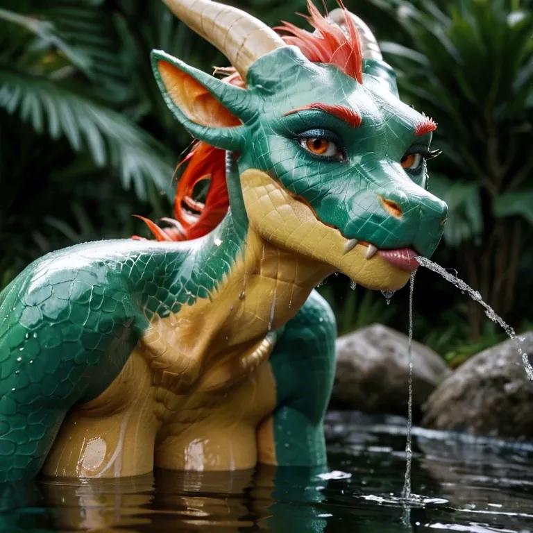 Sexy wet green dragon without fur, with big tits sucking the dick