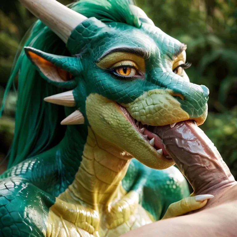 Sexy green dragon without fur, with big tits sucking the fat dick