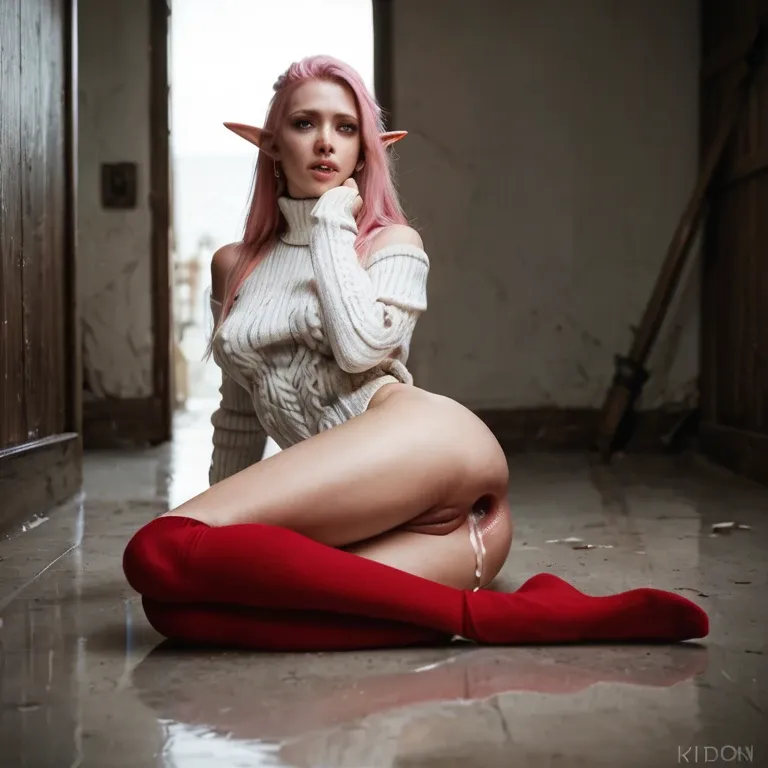 on ground,  empty room, elf, skinny, woman,white skin,red high socks, warm sweater, gapes anal, not close up, day time, pink haired female, perfect face, hairy pussy,cum in pubic hair, choker, long hair, a lot of cum from vagina, exhibitionist, 25yo, smile lines, parted lips,