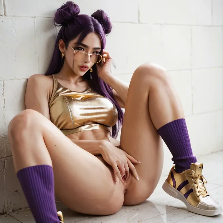 k/da kai'sa, long hair, buns, on wall, fingering pussy solo, golden glasses, tits open up, purple socks, gold top, gold sneakers, from the side,