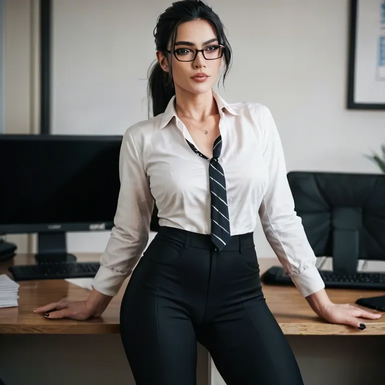 Black hair, ponytail, glasses, office, thight pants, pussy wide open