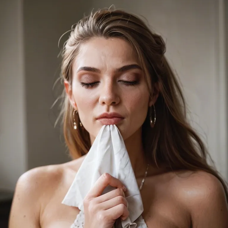 Girl covering full nose nostrils with white napkin to prevent sneezing eyes closed