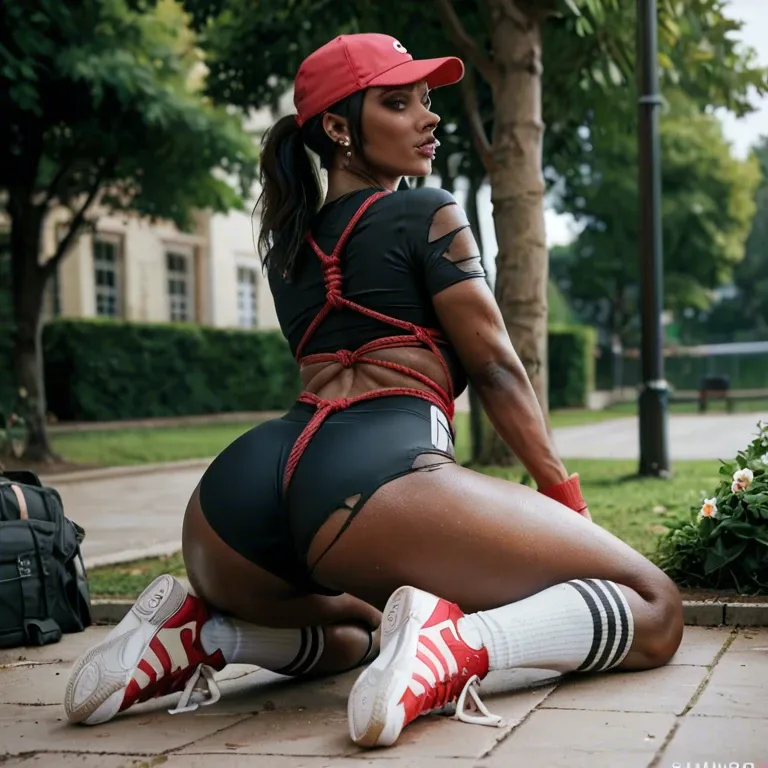 1girl,1boy, , , , nose piercings,thin ankles,medium boobs,look back,black skin, shirt torn off,knee-high socks,sports cap,swimsuit,sneakers, shibari, park, dungeon, phone, high-detailed, brightly, tifa lockhart, spider-gwen, waifu