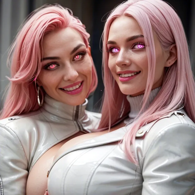 Female android wife, Pink eyes, pink hair, white leather jacket, pink lipstick, white turtleneck, massive breasts, massive ass, smiling, glowing eyes, winter gloves, 2 girls fingering