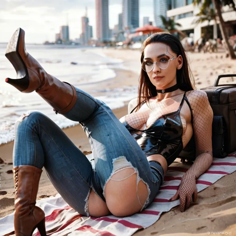 1girl,solo, , , , cheek,high heels,saggy boobs,city background,neck, torn jeans,fishnet gloves,round glasses,string bodysuit,brown boots, glass shower, lying on beach, cyberpunk, big ring gag, phone exposure, zelda, waifu