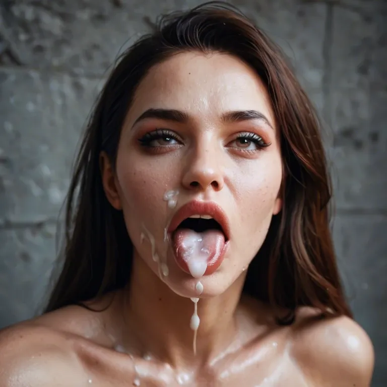 Create a naked woman face with rolling her eyes and sticking her tongue out with some cum on it.