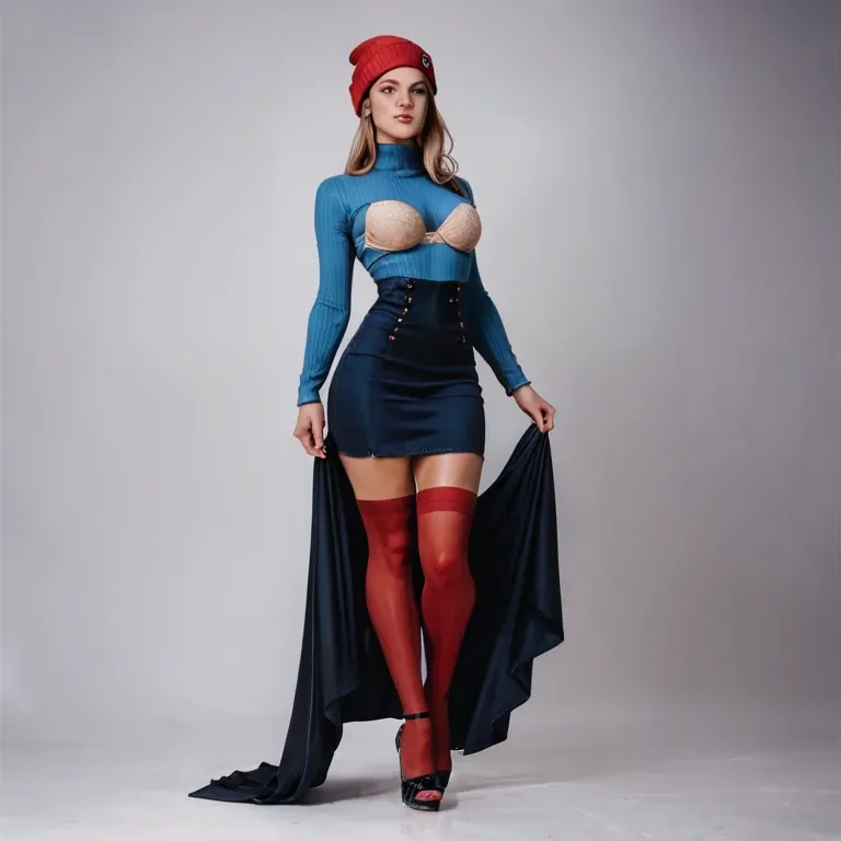 1girl,solo, , , , detailed irises,bare feet,perky tits,low waisted,blue turtleneck, blue shirt,red thighhighs,beanie,beige bra,heels, long dress,black stockings,tie,bikini,strappy sandals, blouse,anklets,red sunglasses,white panties,no shoes, barn, cyberpunk, handcuffs, dildo in pussy, detailed lips, brightly lit, wonder woman, ariel waifu naked big tits