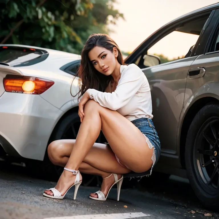 Full moon, Hiding behind a parked car, parking garage,jean skirt, cute teen, lace panties,panties to the side, knees apart, HD face, pussy , anime, high heels, one knee on the groun, latina, ahegeo, greedy sucking,blowjob ,midnight, dark