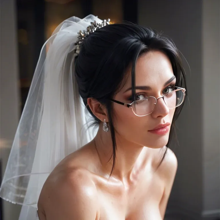 Black hair, ponytail, glasses, wedding dress, bend over