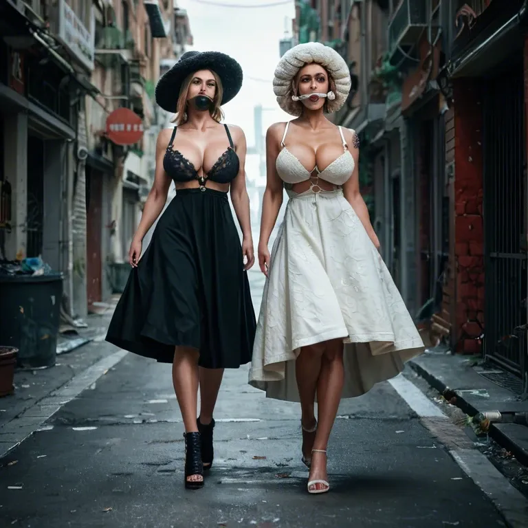 2girl, , , , double chin,bare feet,cleavage,boob squeeze,shoulder tattoo, dress,lace bra,wool hat,black lace bra,running shoes, nobara, alleyway, spaceship, harness gag, robot joints, detailed lips, studio lighting, moana, dynamics