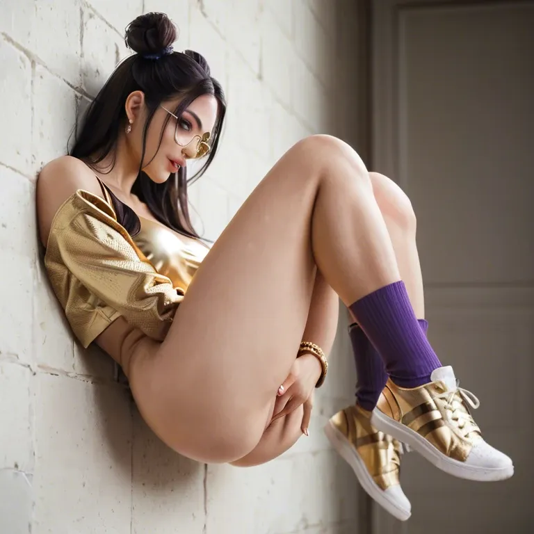 k/da kai'sa, long hair, buns, on wall, fingering pussy solo, golden glasses, shows pussy, purple socks, gold top, gold sneakers, from the side,