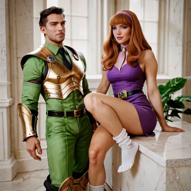 1girl,1boy, , , , freckle,gold armor,perky tits,backwards,necktie, slit skirt,baggy socks,black belt,green bodysuit,no shoes, bare arms, daphne blake, spaceship, headphones, detailed image, nightclub, linked, anna