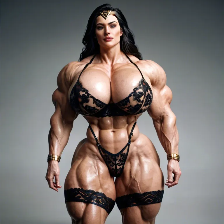 Wonder woman, Massive bodybuilding female, massive muscular trapèze, massive muscular épaule, massive musclar biceps, nude boobs, muscle abdos, hyper muscular legs, massive muscular mollet, female lingerie latex, futa huge cock