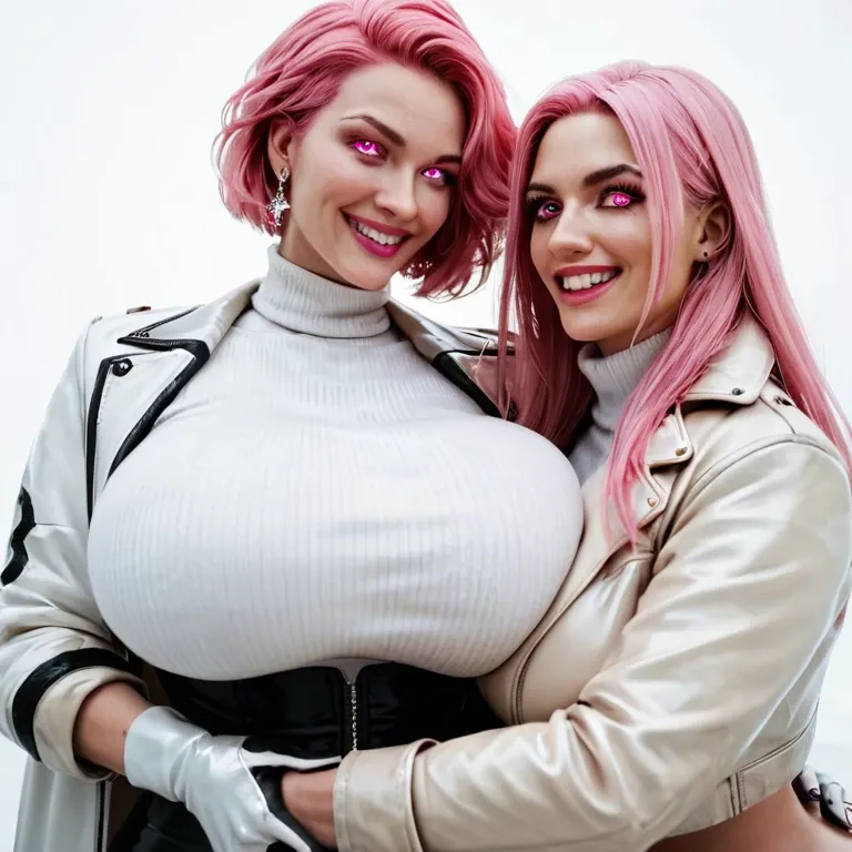 Female android wife, Pink eyes, pink hair, white leather jacket, pink lipstick, white turtleneck, massive breasts, massive ass, smiling, glowing eyes, winter gloves, 2 girls fingering