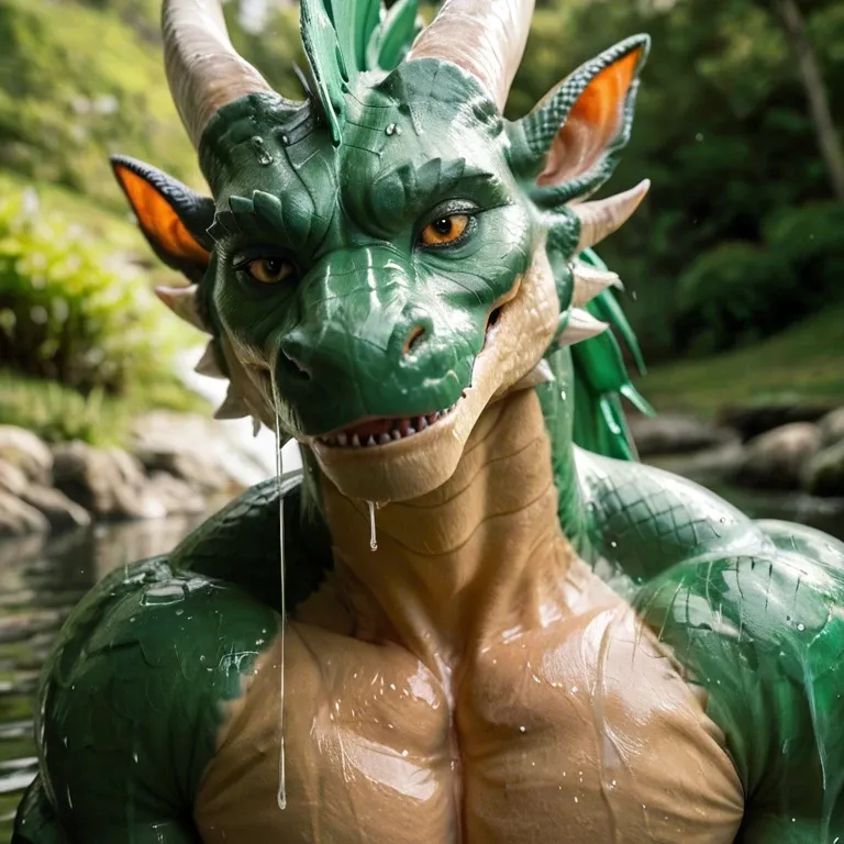 Sexy wet green dragon without fur,  big dick, big anus