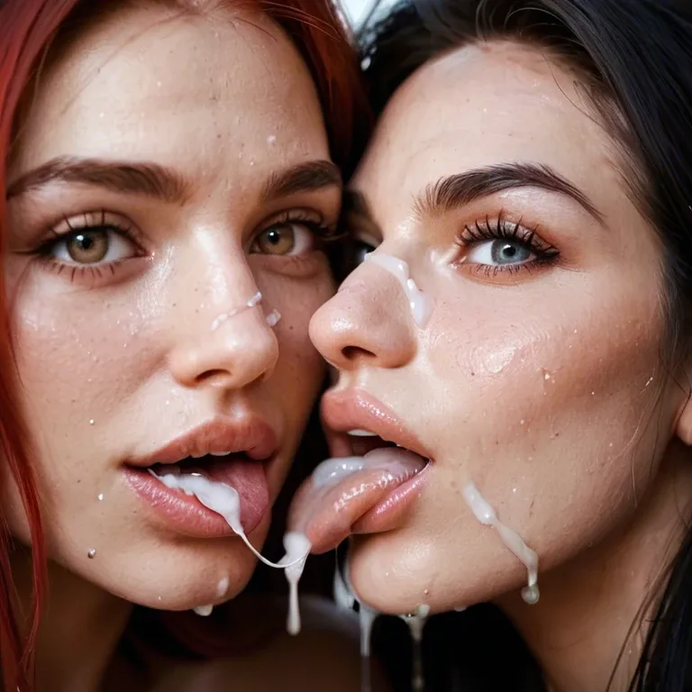 2 naked girls licking bukkake cum off (face), close up zoom