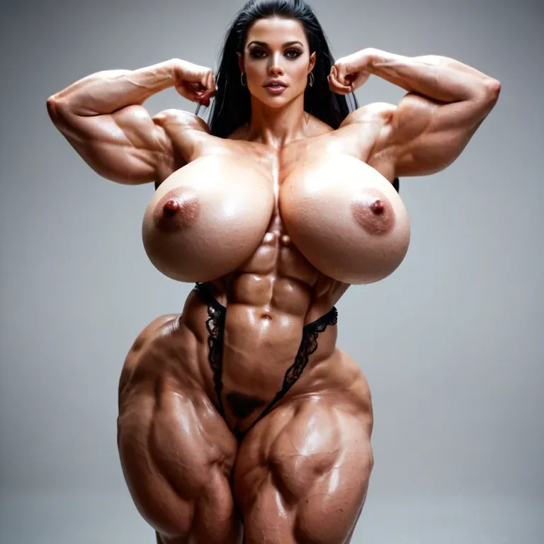 Bimbo, Massive bodybuilding female, massive muscular trapèze, massive muscular épaule, massive musclar biceps, nude boobs, muscle abdos, nude hairy pussy, hyper muscular legs, massive muscular mollet, female lingerie latex,