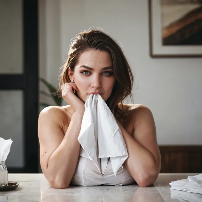 Girl covering full nose nostrils with white napkin