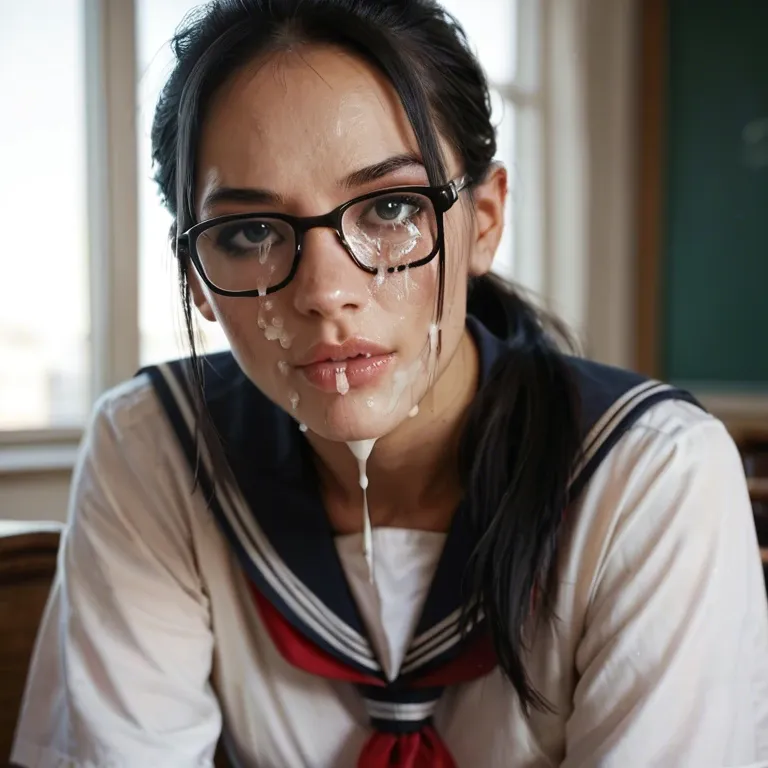 Black hair, ponytail, glasses, school uniform, fucled in ass with cum on face