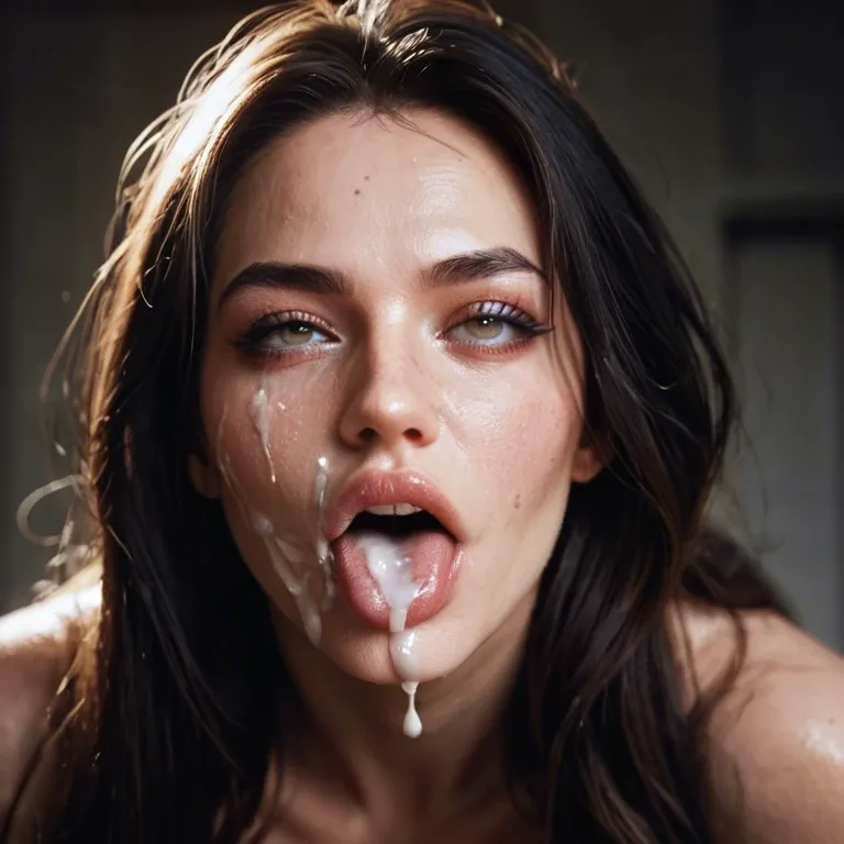 Create a naked woman face with rolling her eyes and sticking her tongue out with some cum on it.