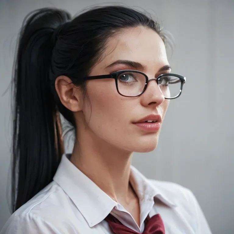 Black hair, ponytail, glasses, school uniform, creamy pussy