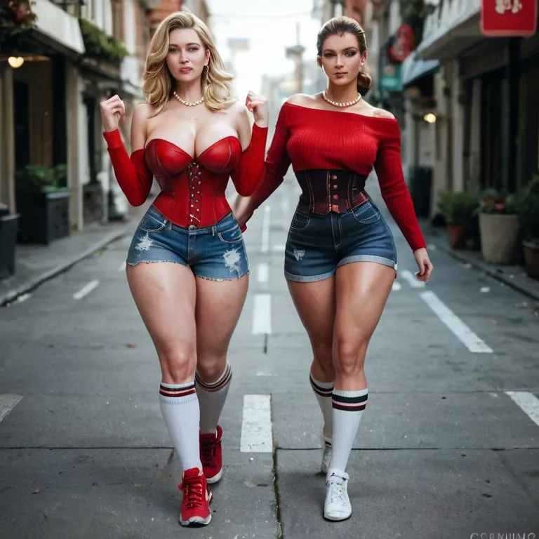 2girl, , , , high cheekbones,thicc thighs,big tits,bent at waist,pale skin, red sweater,knee-high socks,golden necklace,red corset,running shoes, jean hotpants,pearl necklace,bracelets,mesh bodysuit,stiletto heels, undress,pantyhose,blue gloves,gray sports bra,strappy sandals, depth of field, lara croft, ariel, waifu