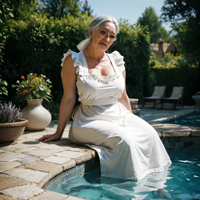 (Halston Sage old,medieval apron, elderly, huge boobs), stone pool, sitting, medieval garden,