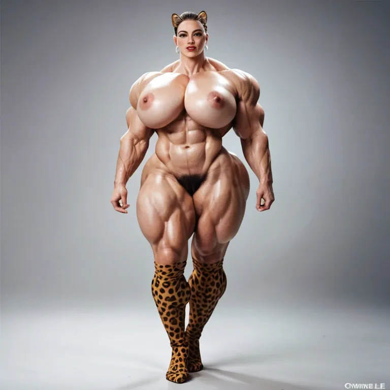 Hyper bodybuilding female,hyper muscular trapèze, hyper muscular épaule, hyper musclar biceps,nude boobs,nude hairy pussy, hyper muscular legs, hyper muscular mollet, Leopard Print Stockings