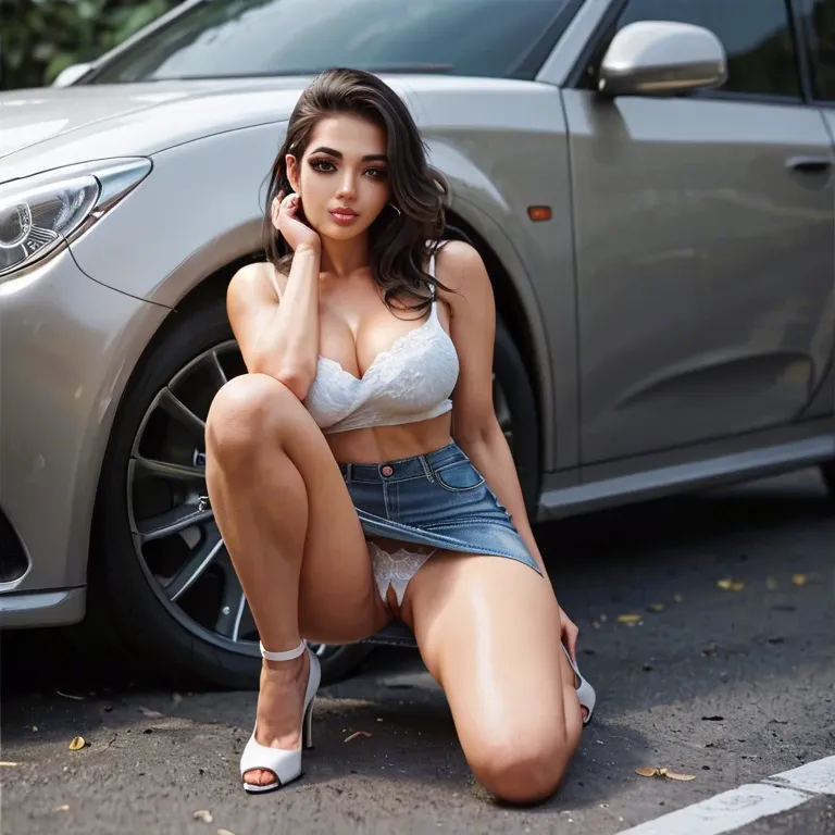 Hiding behind a parked car, parking garage,jean skirt, cute teen, lace panties,panties to the side, knees apart, HD face, pussy , anime, high heels, one knee on the ground, latina, ahegeo, greedy sucking,blowjob, during nighttime