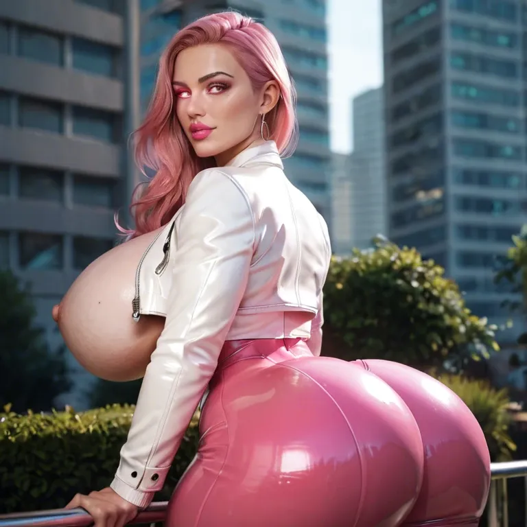 Female robot wife, Pink hair, pink eyes, glowing eyes, pink lipstick, white leather jacket, pink latex pants, pink latex shirt, massive breasts, massive ass, lewd