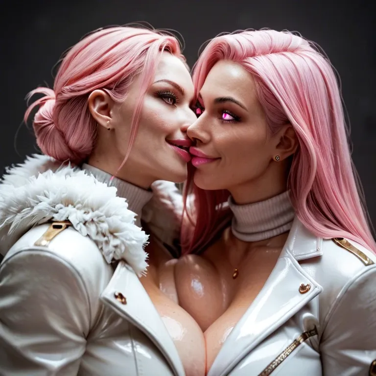 Female android wife, Pink eyes, pink hair, white leather jacket, pink lipstick, white turtleneck, massive breasts, massive ass, smiling, glowing eyes, winter gloves, 2 girls kissing