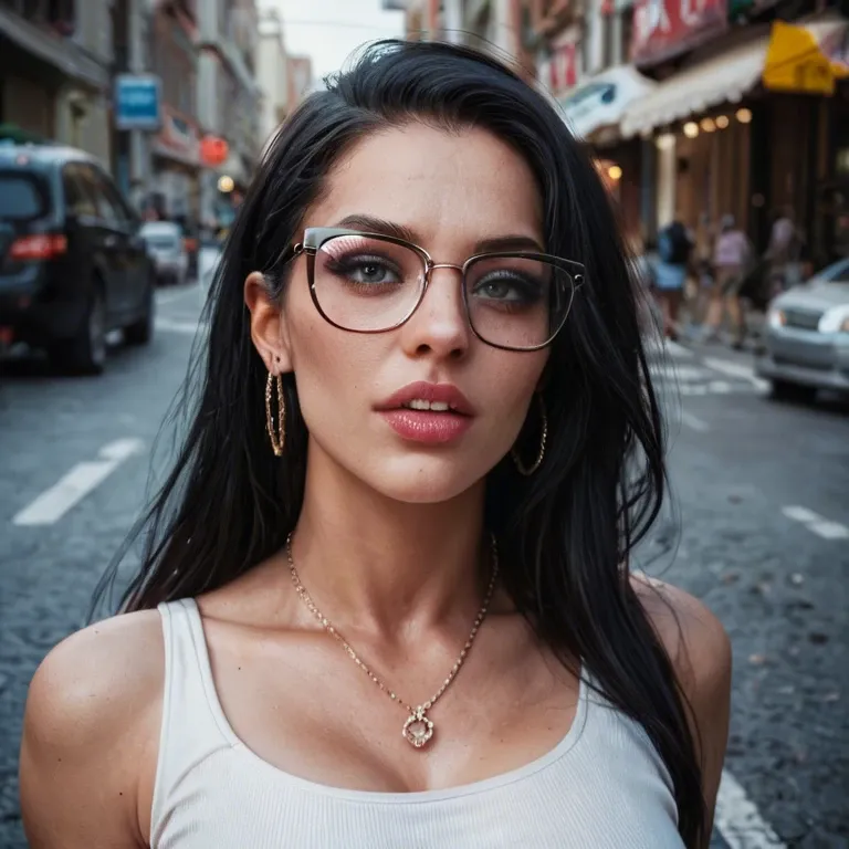 Black hair, glasses, slutty outfit on street, whore