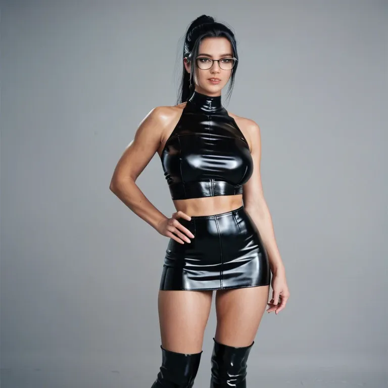 Black hair, glasses, ponytail, latex skirt, overknees, fingers in juicy pussy