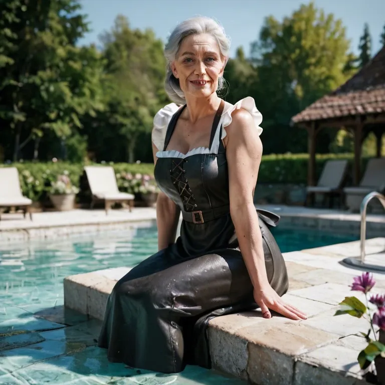 (Halston Sage, medieval apron, elderly, huge boobs), stone pool, sitting, medieval garden,