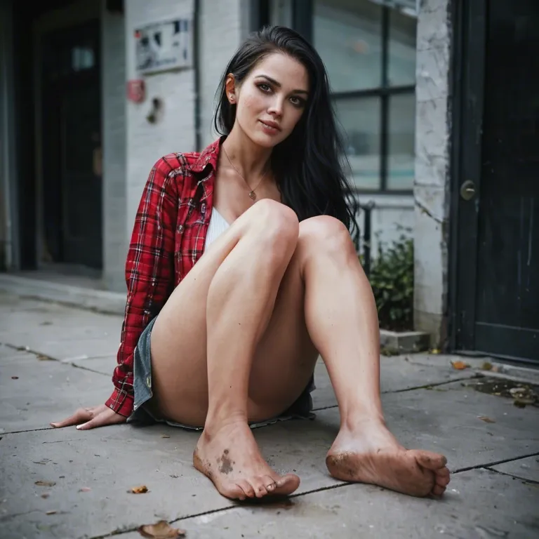 Adorable girl barefoot after school showing off her dirty soles