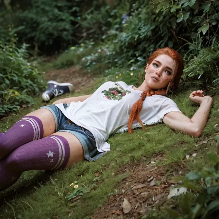 Nature, Teen, Redhead, braided hair, freckles, purple stockings, converse chucks, wide t shirt, lying down, bukakke, crying